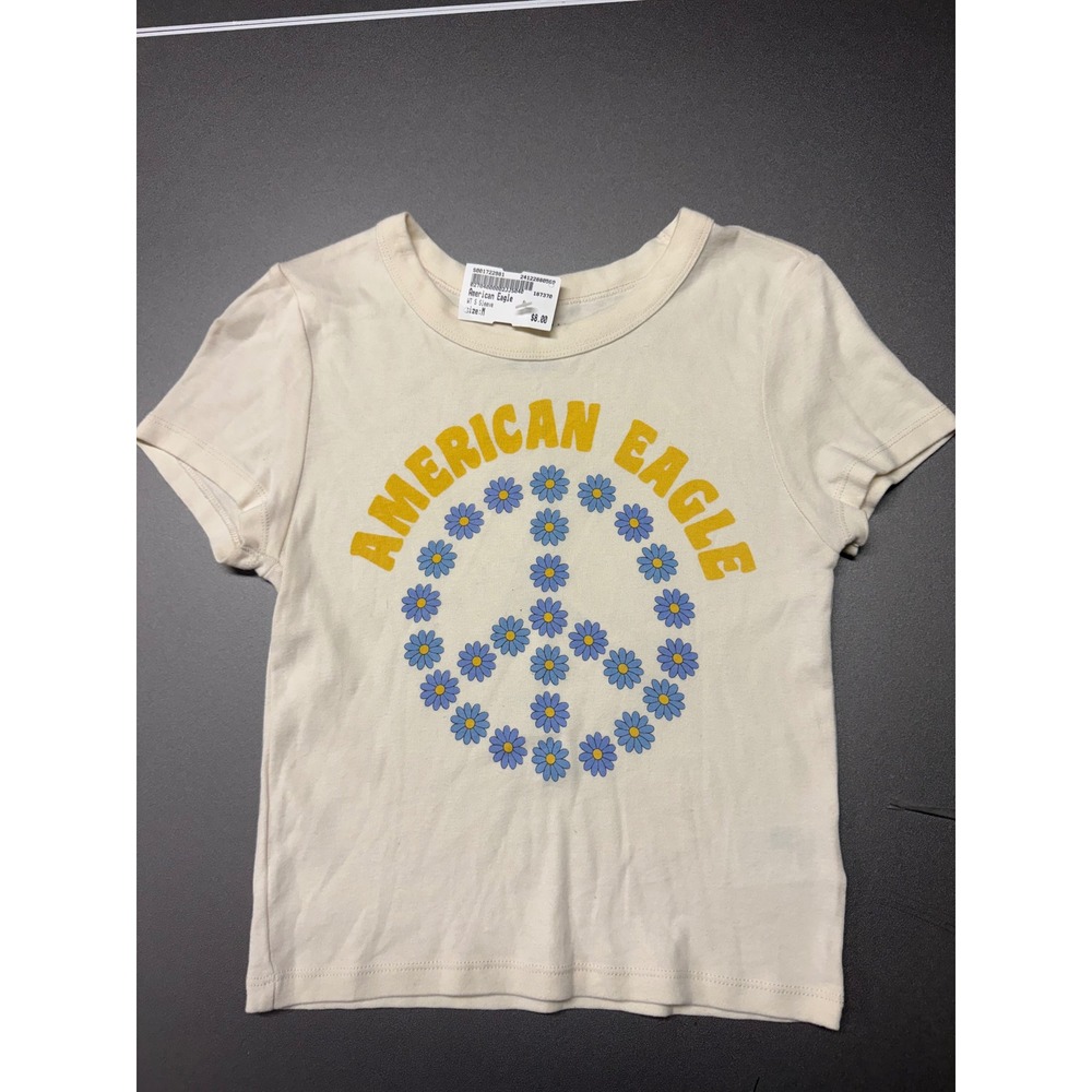 American Eagle Peace Sign Daisy Graphic Tee Cream Yellow Blue Size M Tee